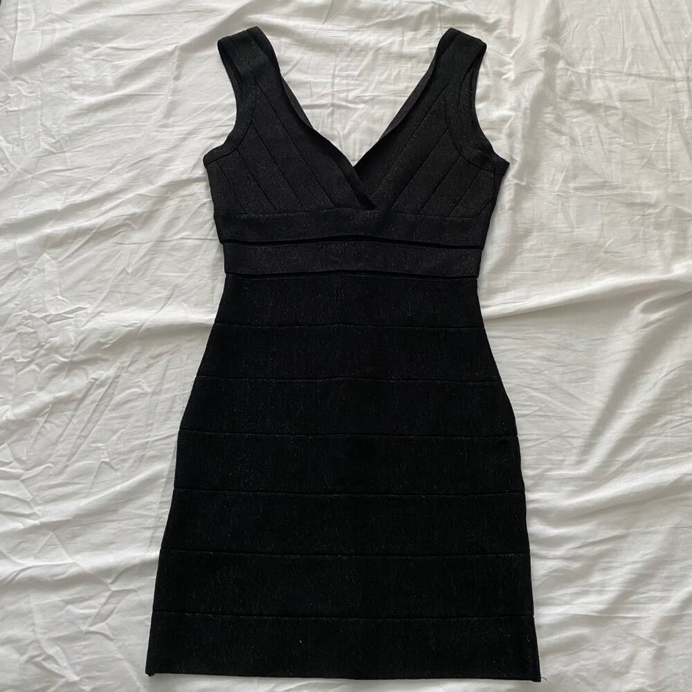 Bebe Shimmer Double V Neck Bandage Bodycon Dress sz S